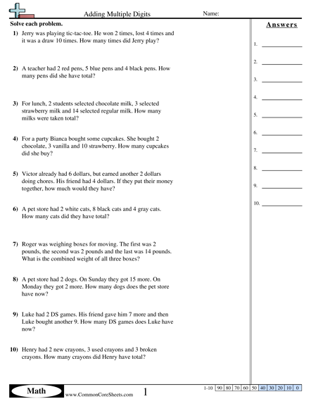 Addition Worksheets - Adding Multiple Digits  worksheet